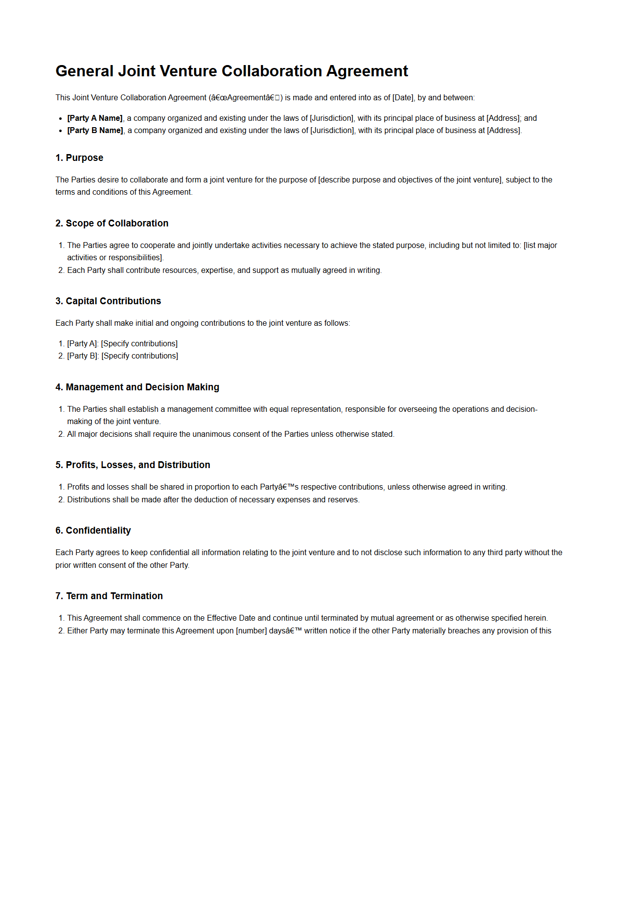 General Joint Venture Collaboration Agreement Draft