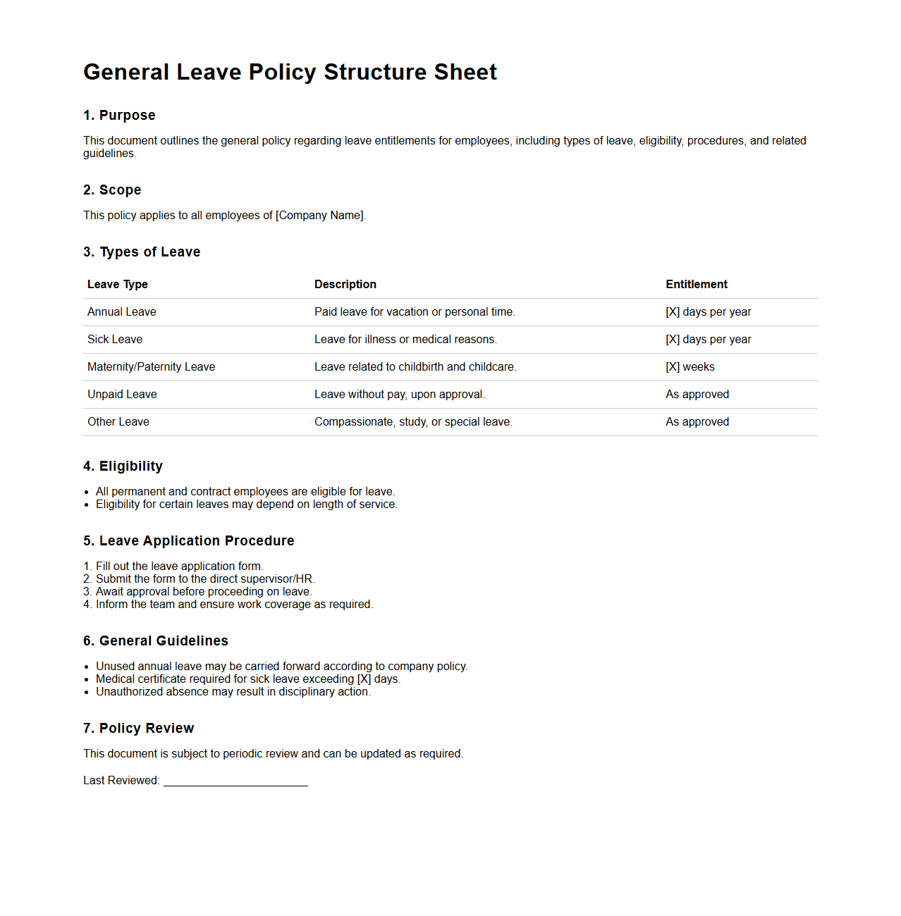 General Leave Policy Structure Sheet