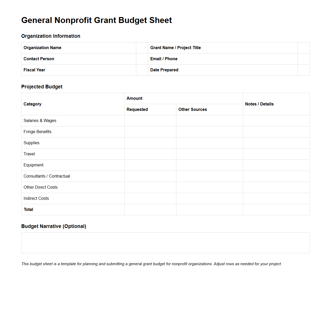 General Nonprofit Grant Budget Sheet