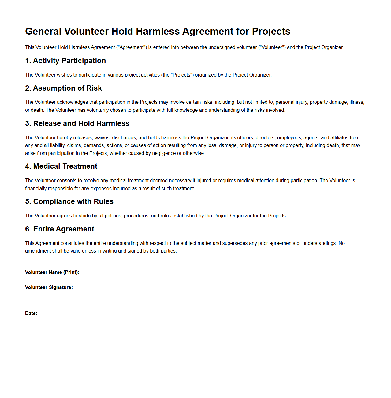 General Volunteer Hold Harmless Agreement for Projects