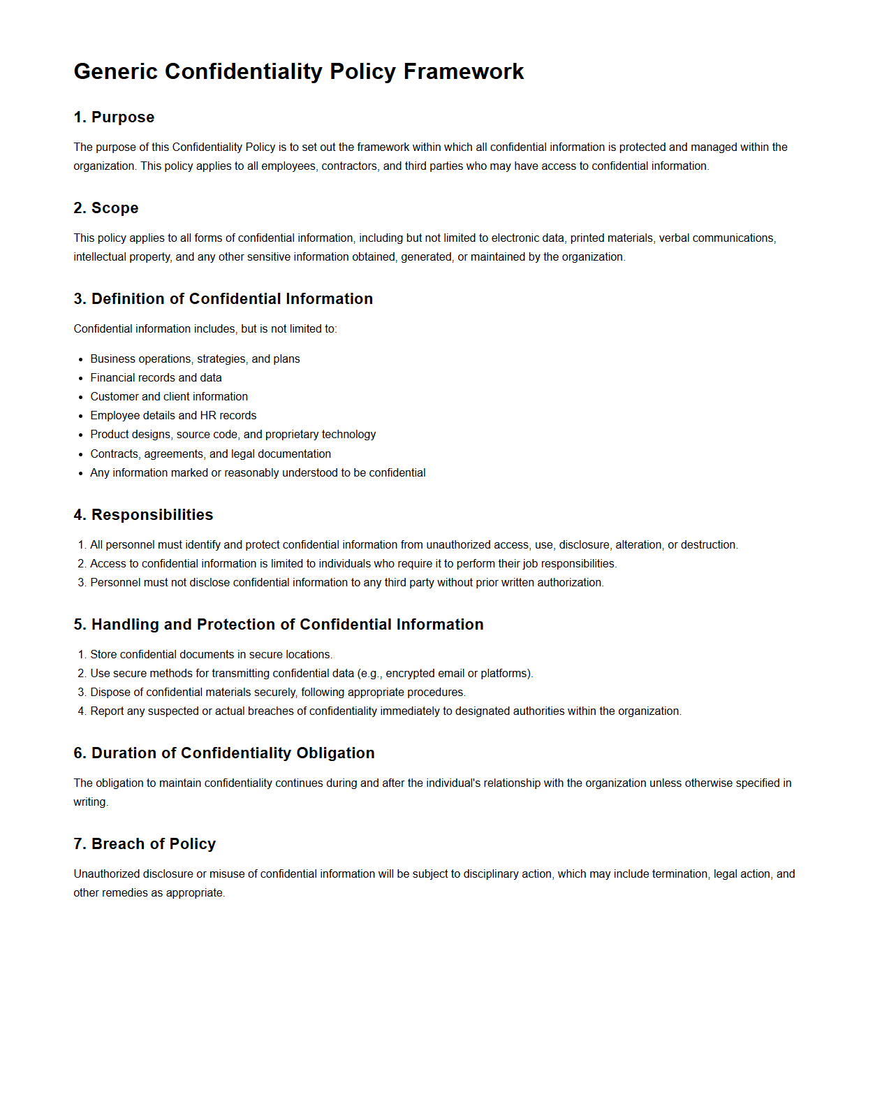 Generic Confidentiality Policy Framework