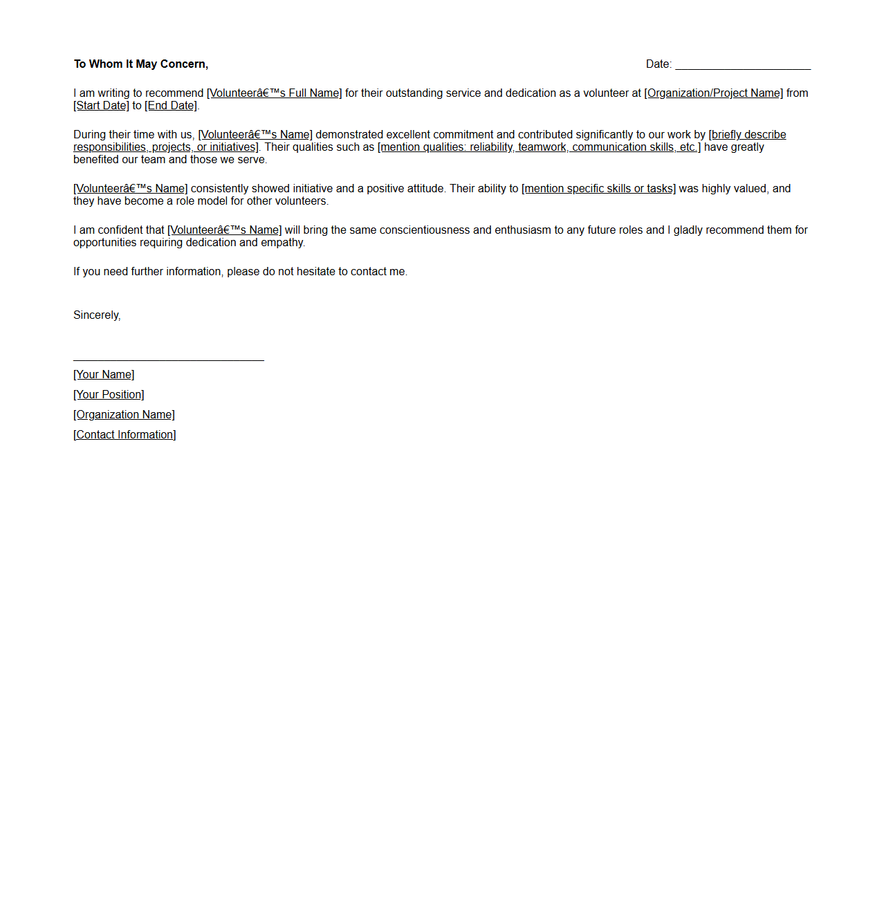 Generic Reference Letter Template for Volunteer Work