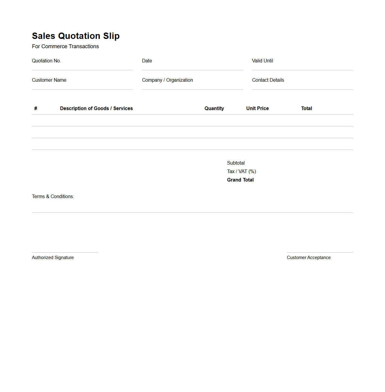 Generic Sales Quotation Slip for Commerce Transactions