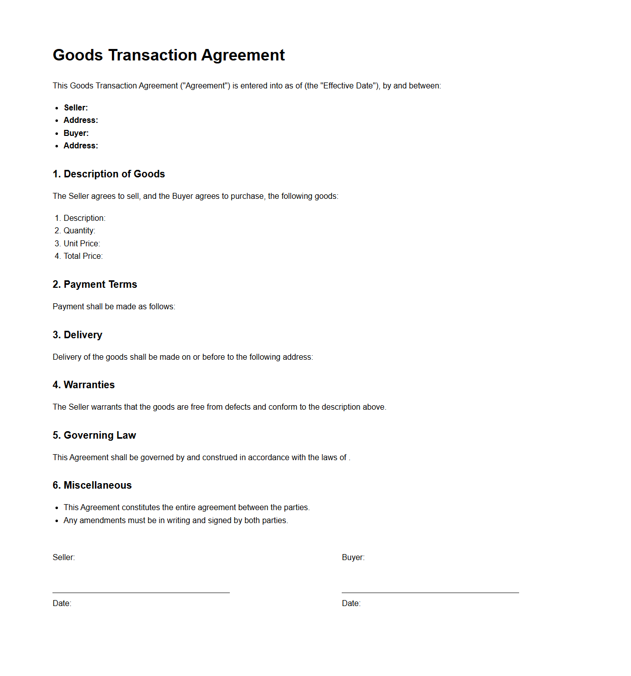 Goods Transaction Agreement Template
