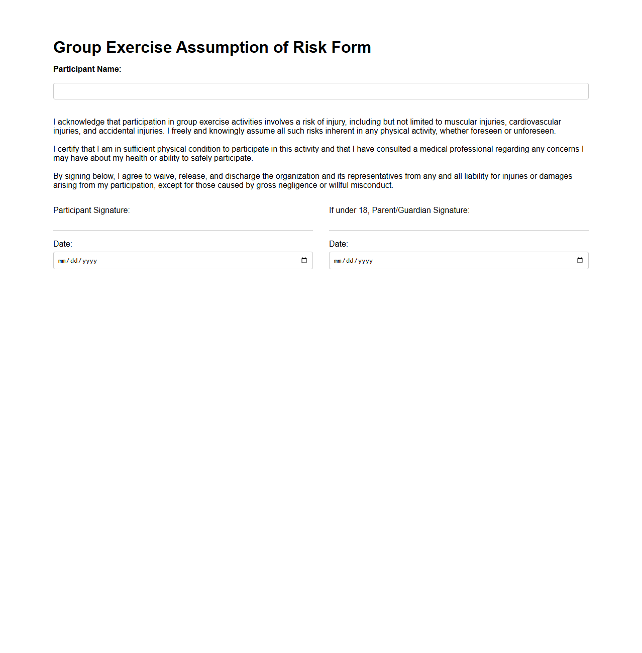 Group Exercise Assumption of Risk Form
