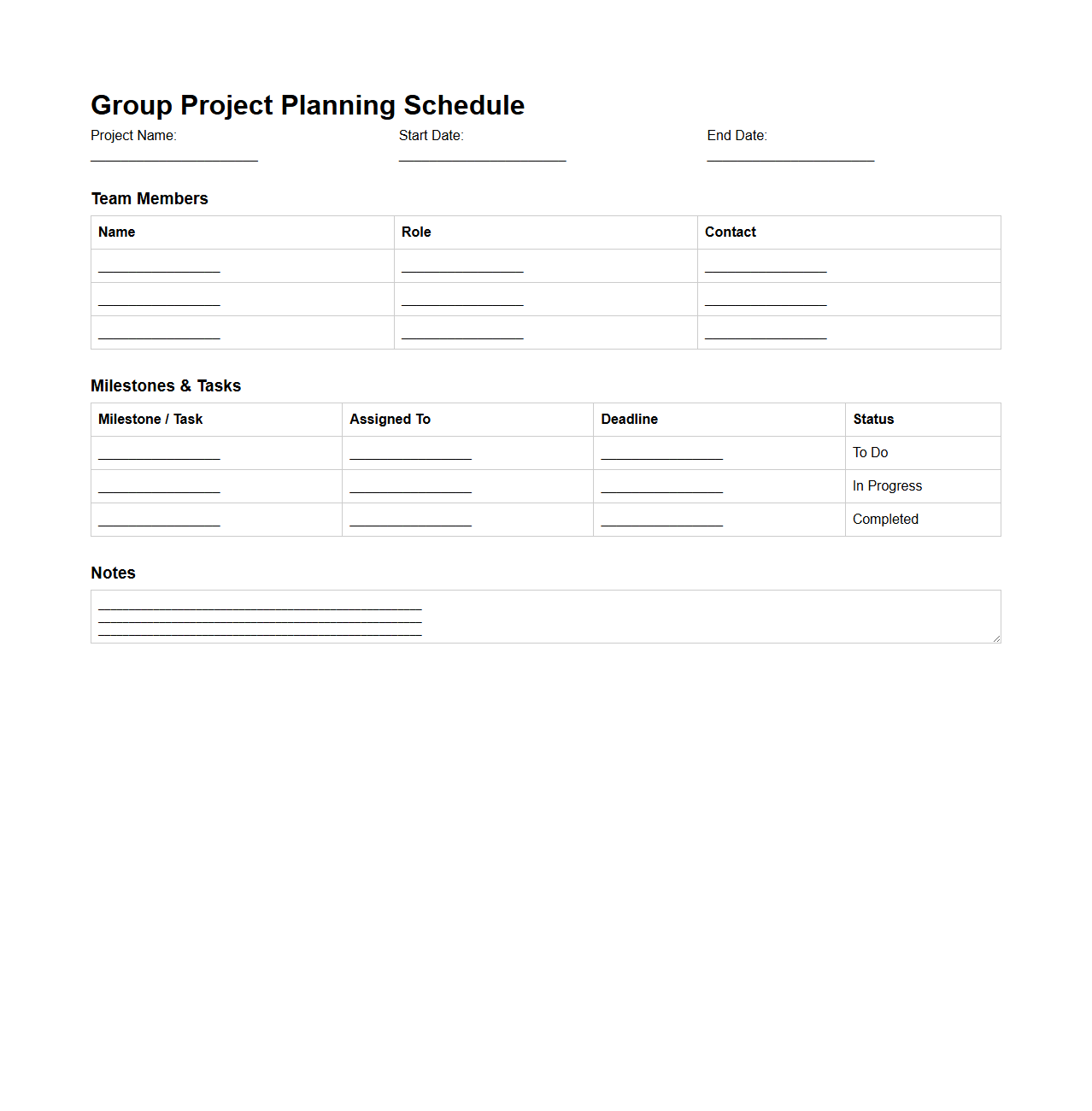 Group Project Planning Schedule