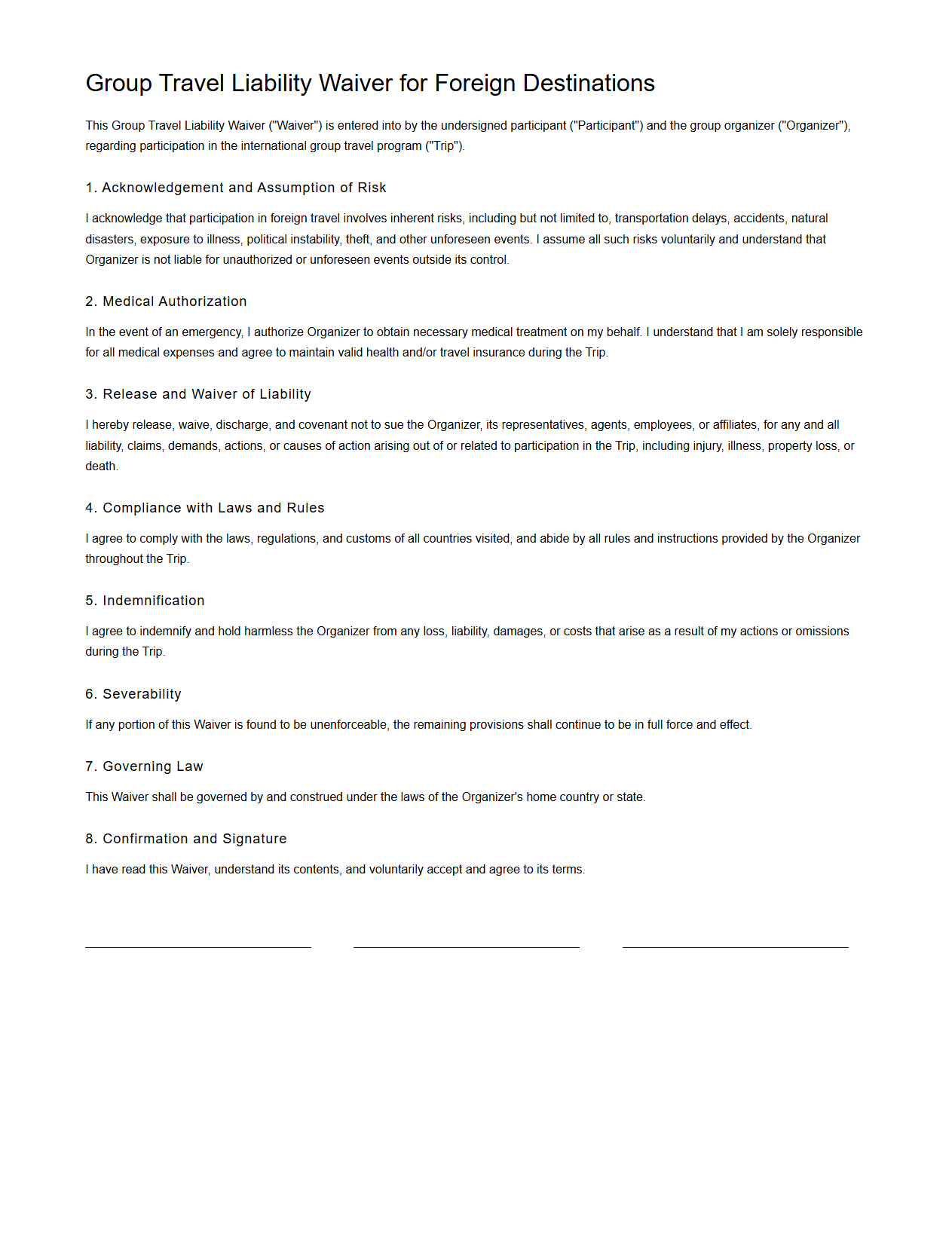 Group Travel Liability Waiver for Foreign Destinations
