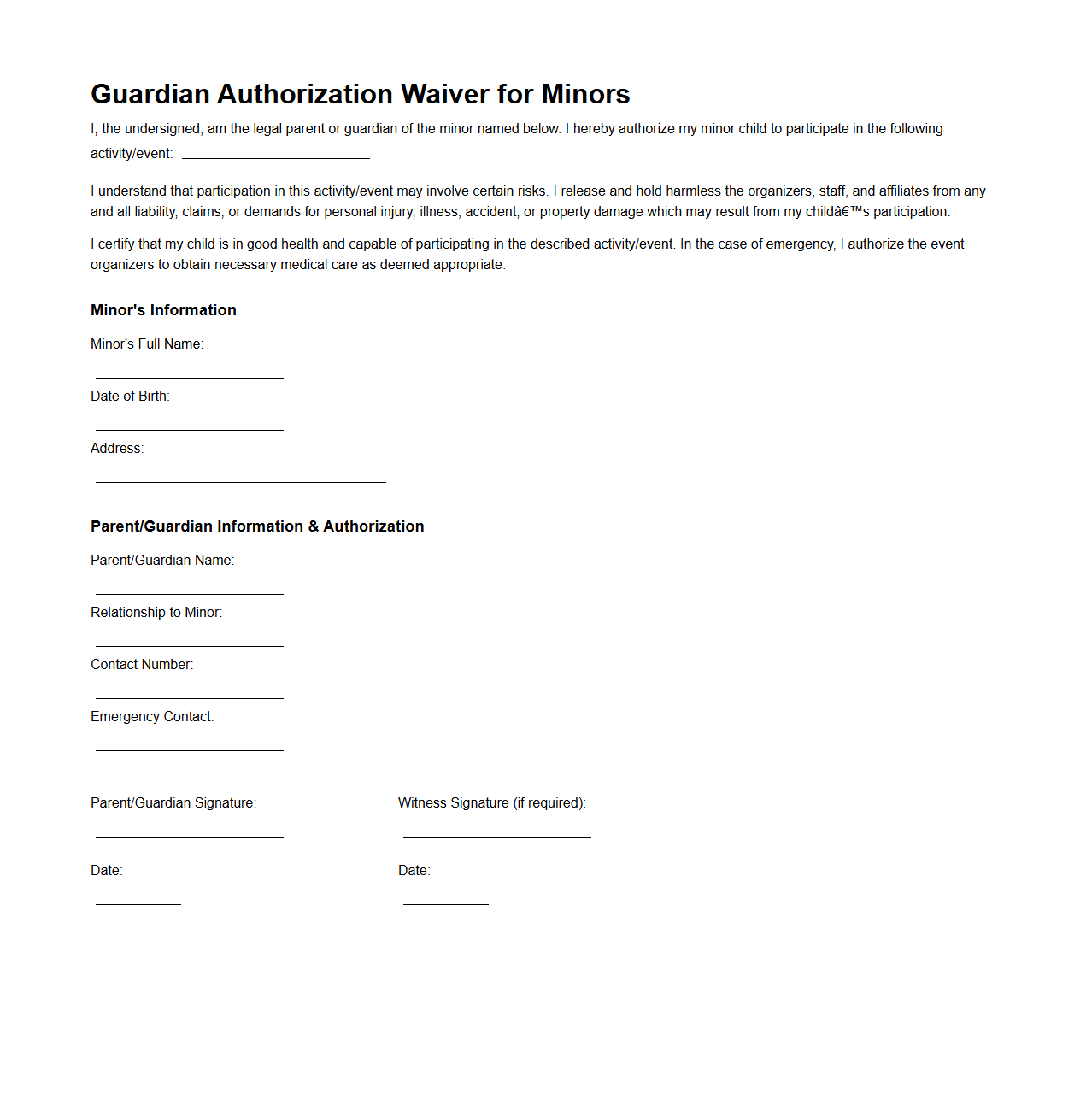 Guardian Authorization Waiver for Minors