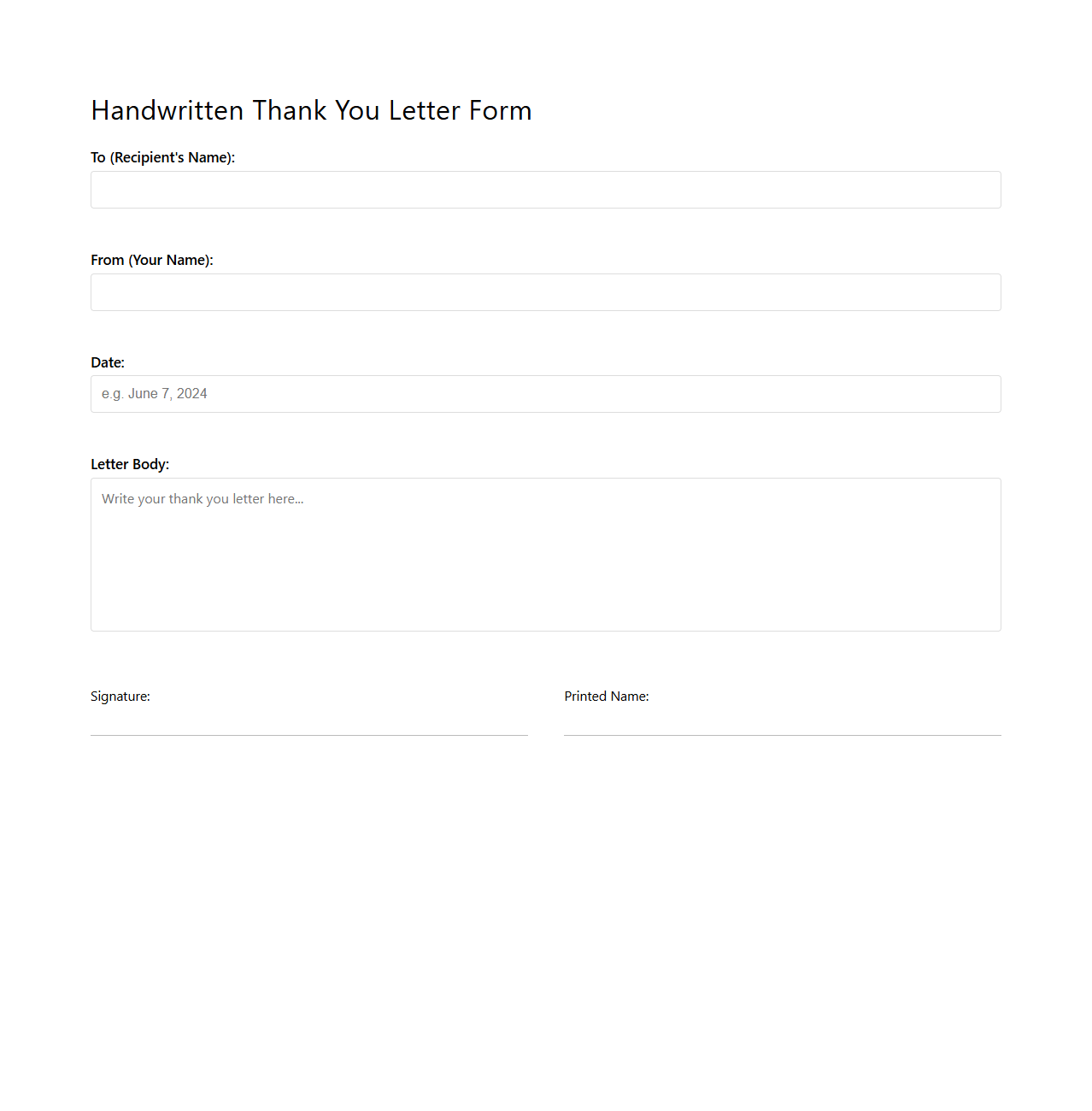 Handwritten Thank You Letter Form