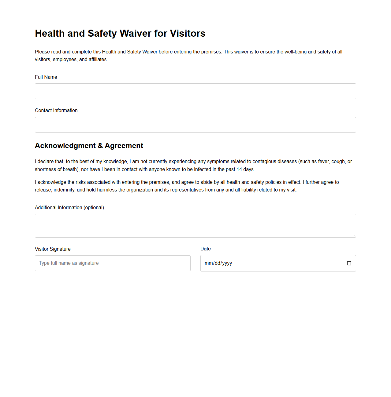 Health and Safety Waiver for Visitors