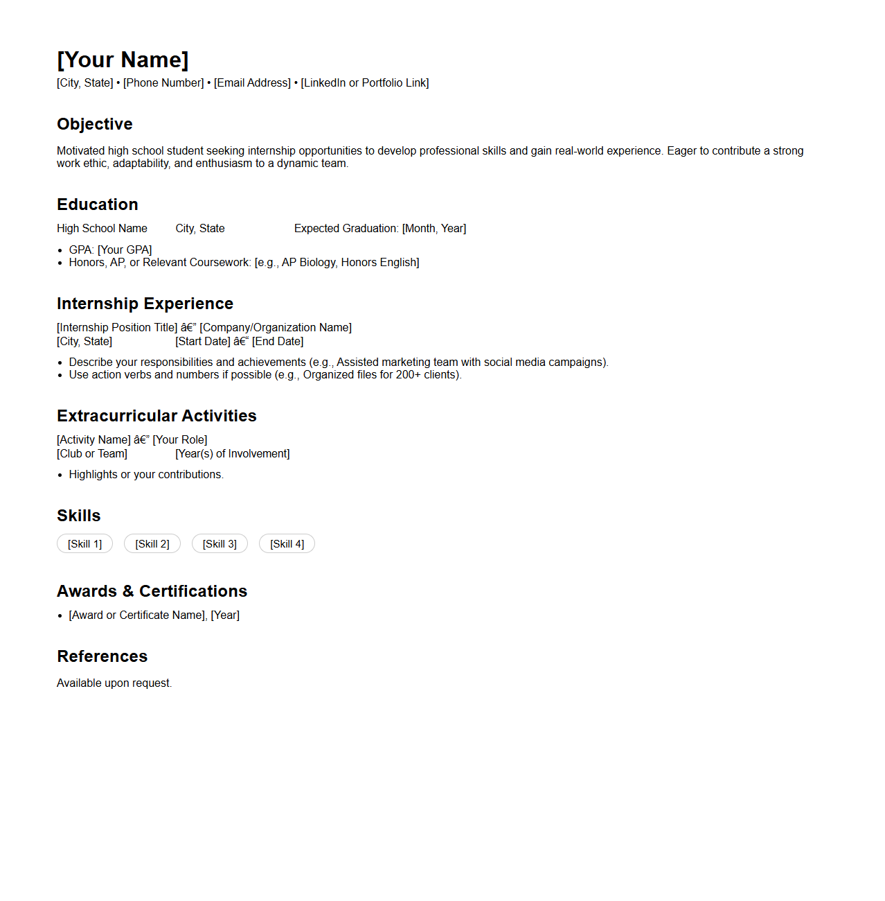 High School Student Resume Template Focused on Internships