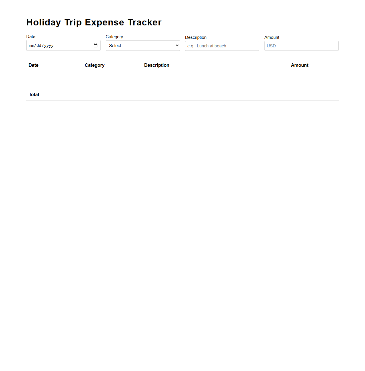 Holiday Trip Expense Tracker Template