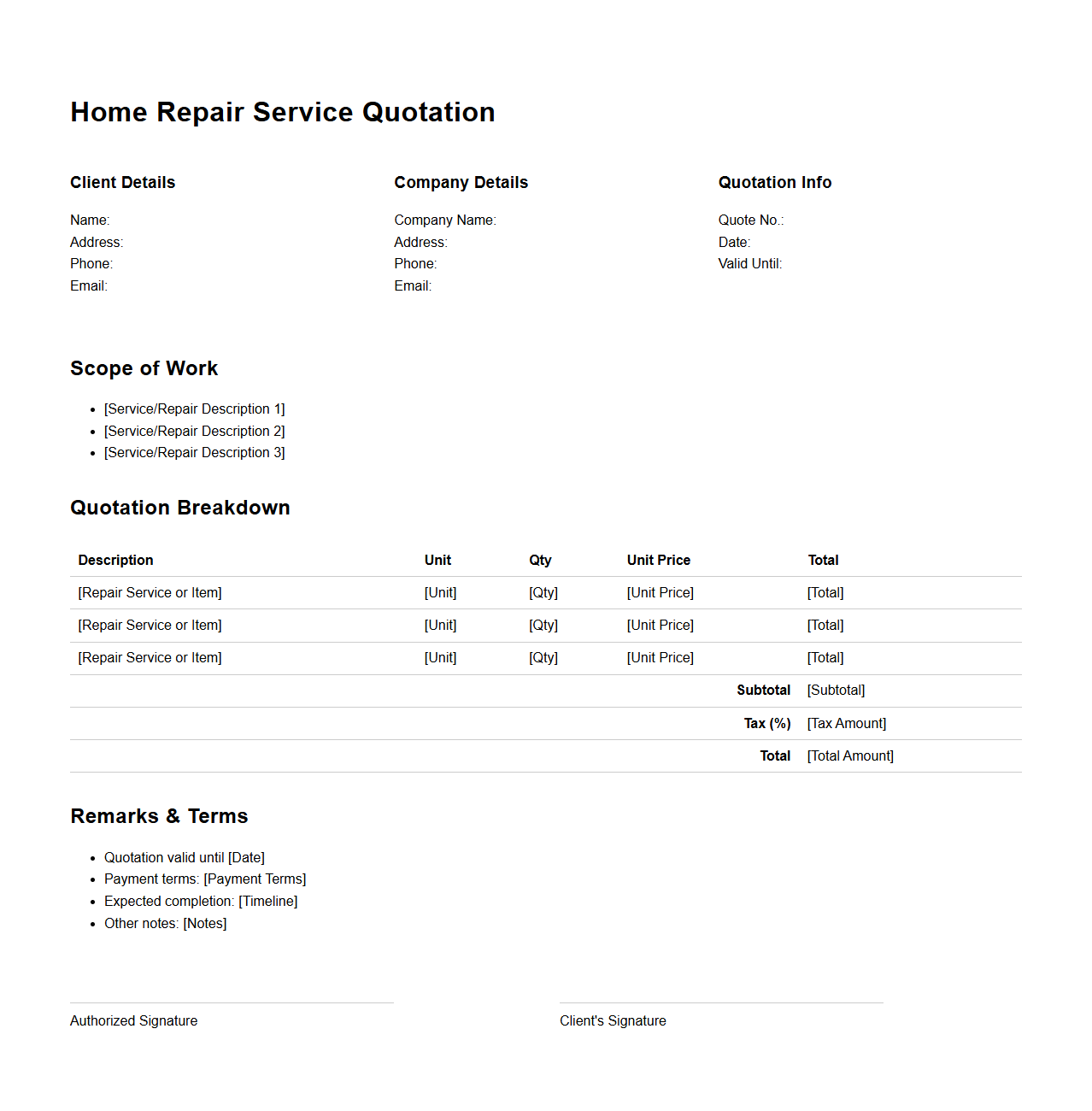 Home Repair Service Quotation Outline