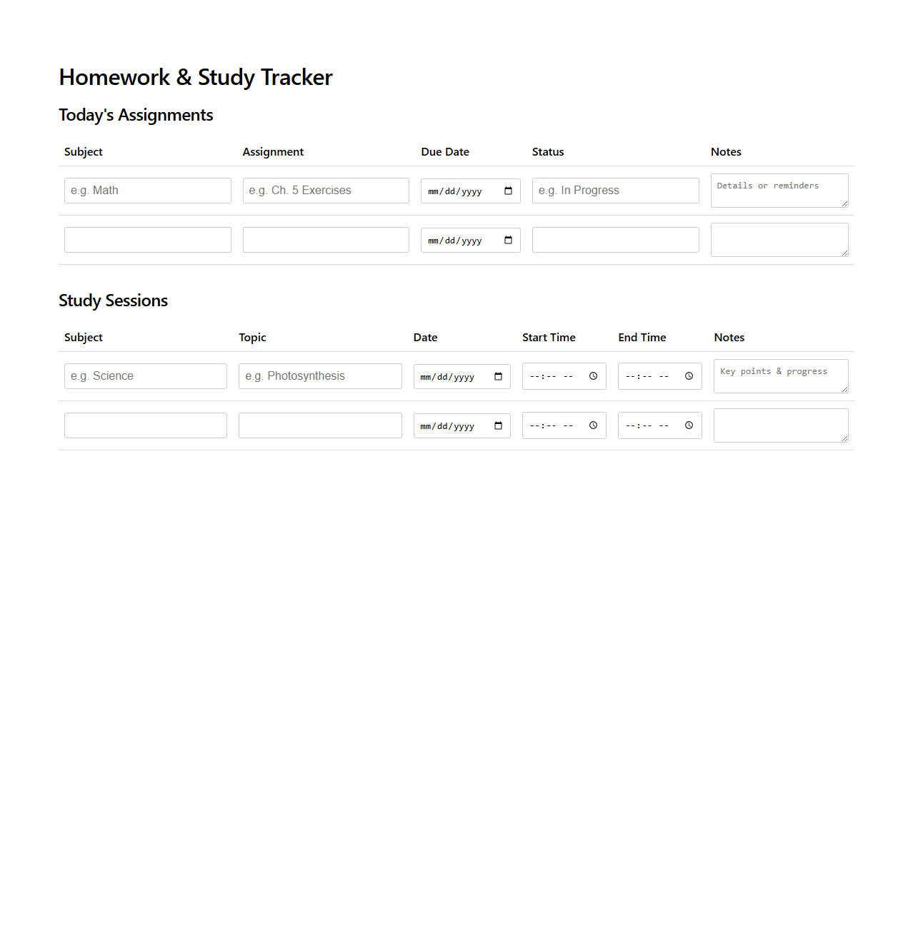 Homework and Study Tracker Template for Students
