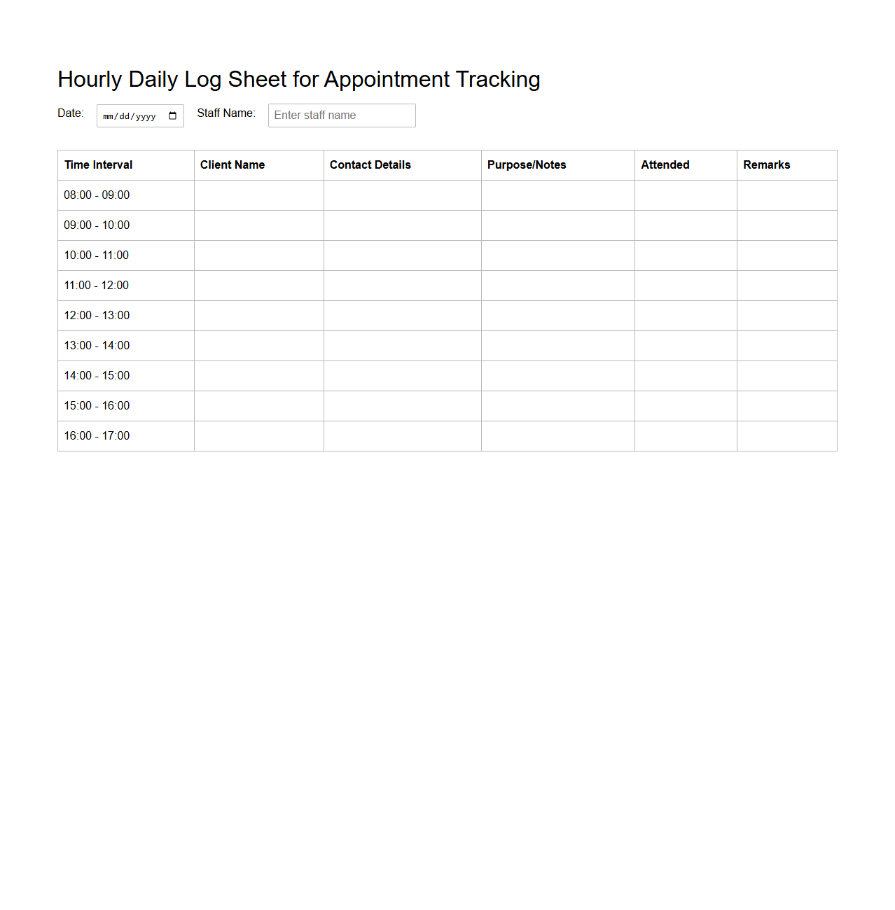 Hourly Daily Log Sheet for Appointment Tracking