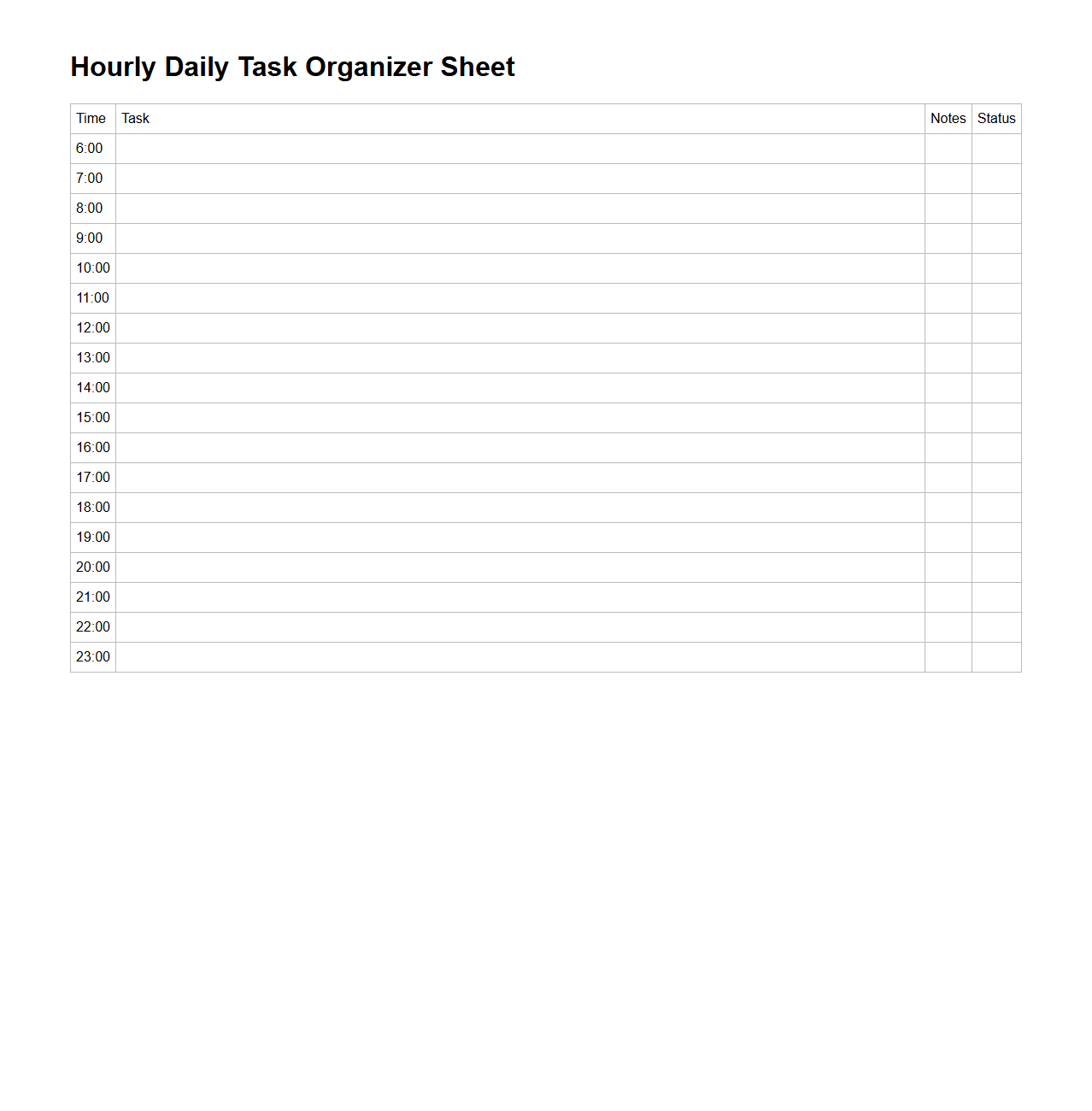 Hourly Daily Task Organizer Sheet