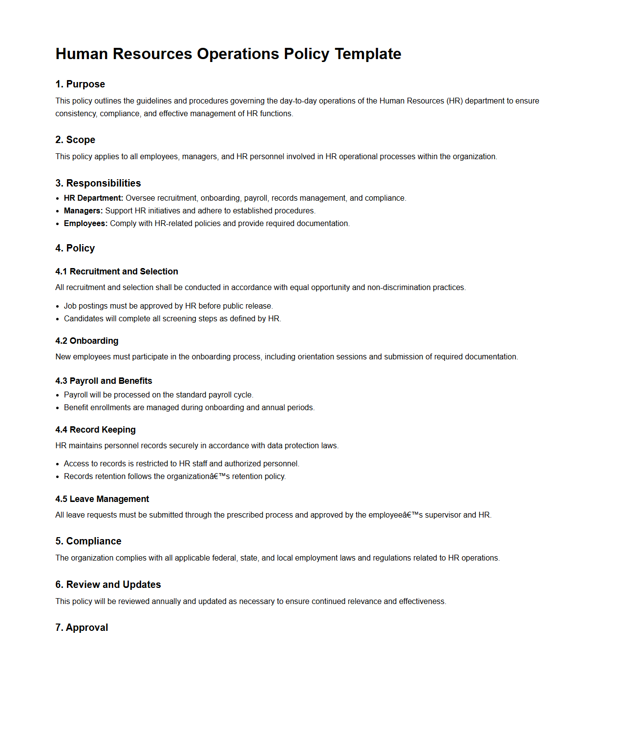 Human Resources Operations Policy Template