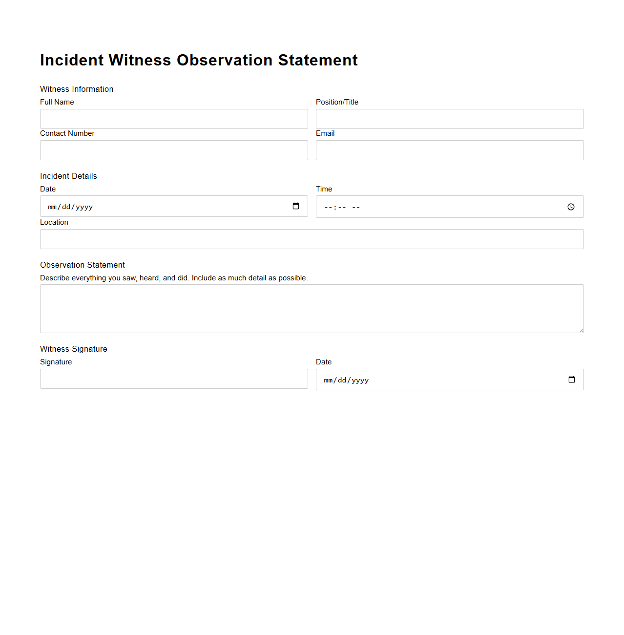Incident Witness Observation Statement Page