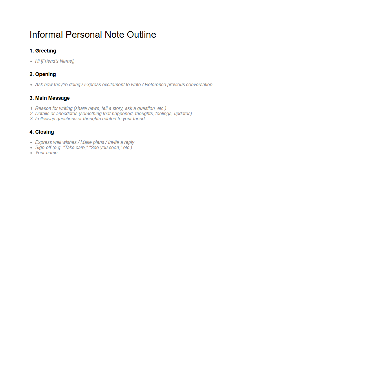 Informal Personal Note Outline for Friendly Writing