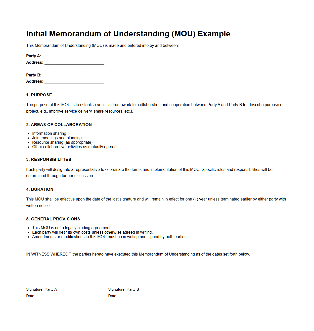 Initial MOU Example for Inter-Organizational Agreements
