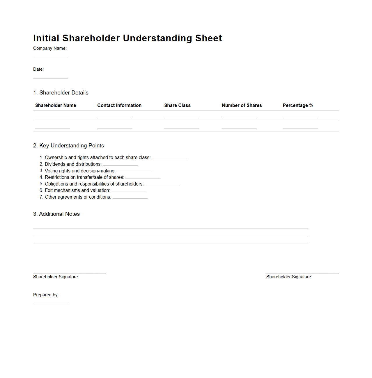 Initial Shareholder Understanding Sheet for Companies