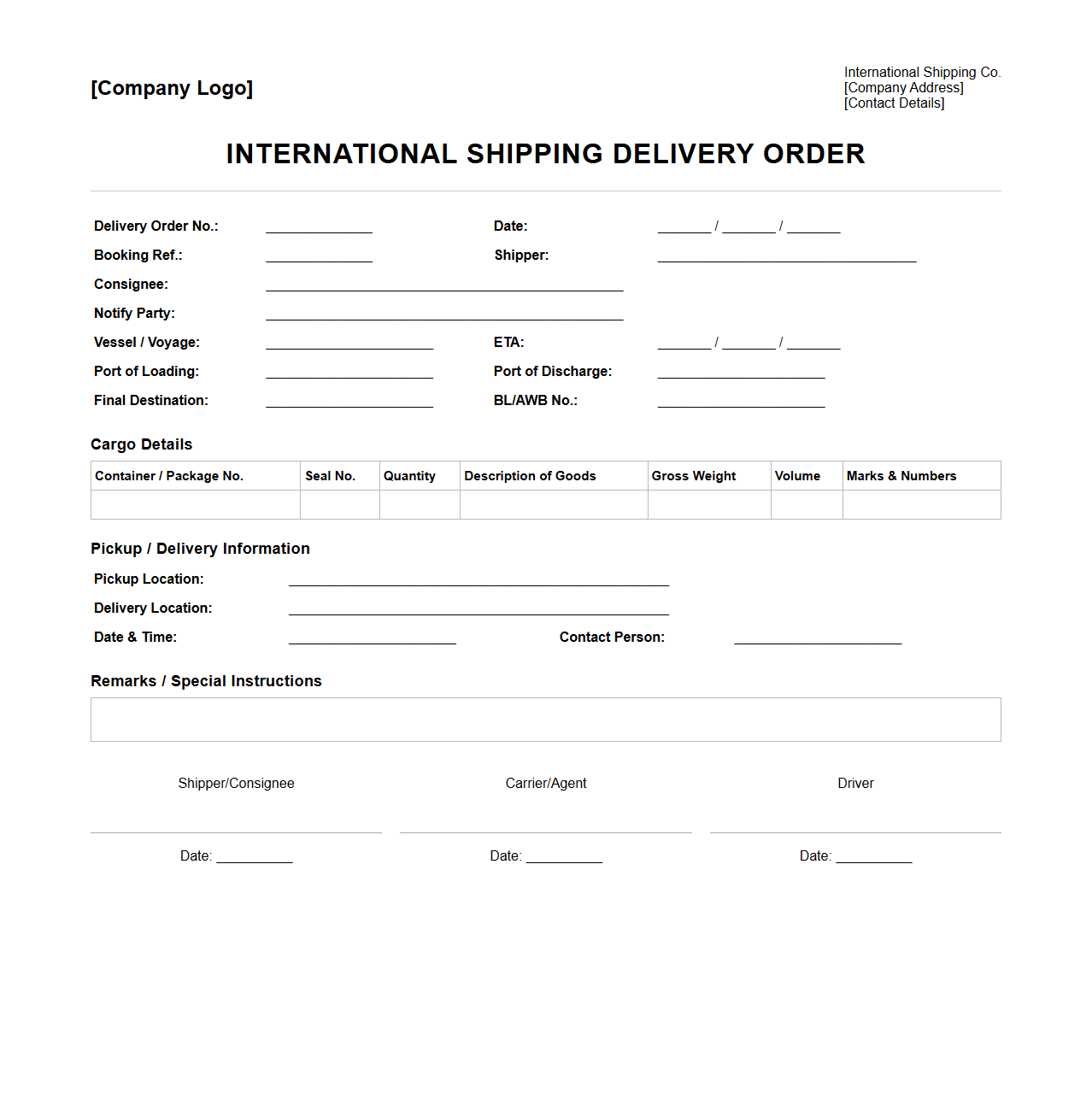 International Shipping Delivery Order Format