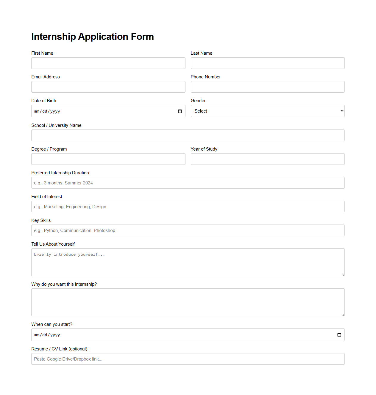Internship Application Form Template for Student Programs