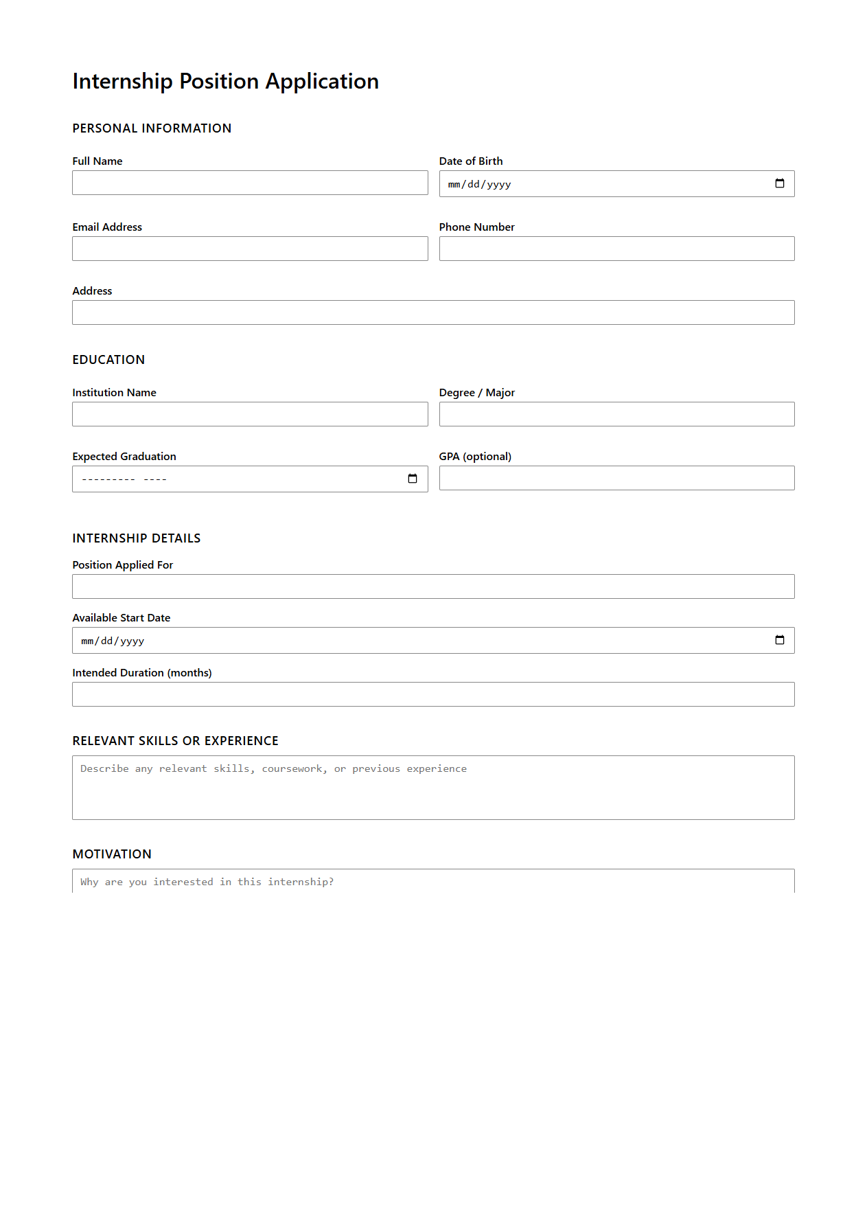 Internship Position Application Blank Document