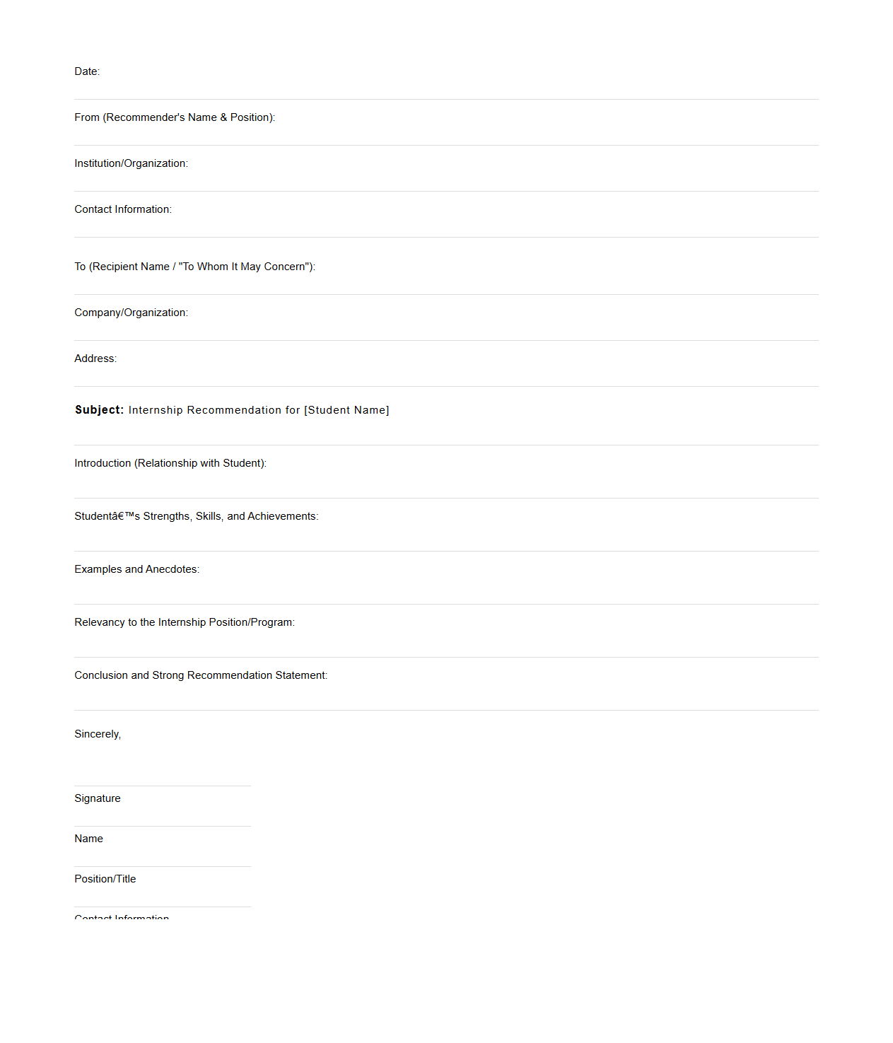 Internship Recommendation Blank Letter Framework