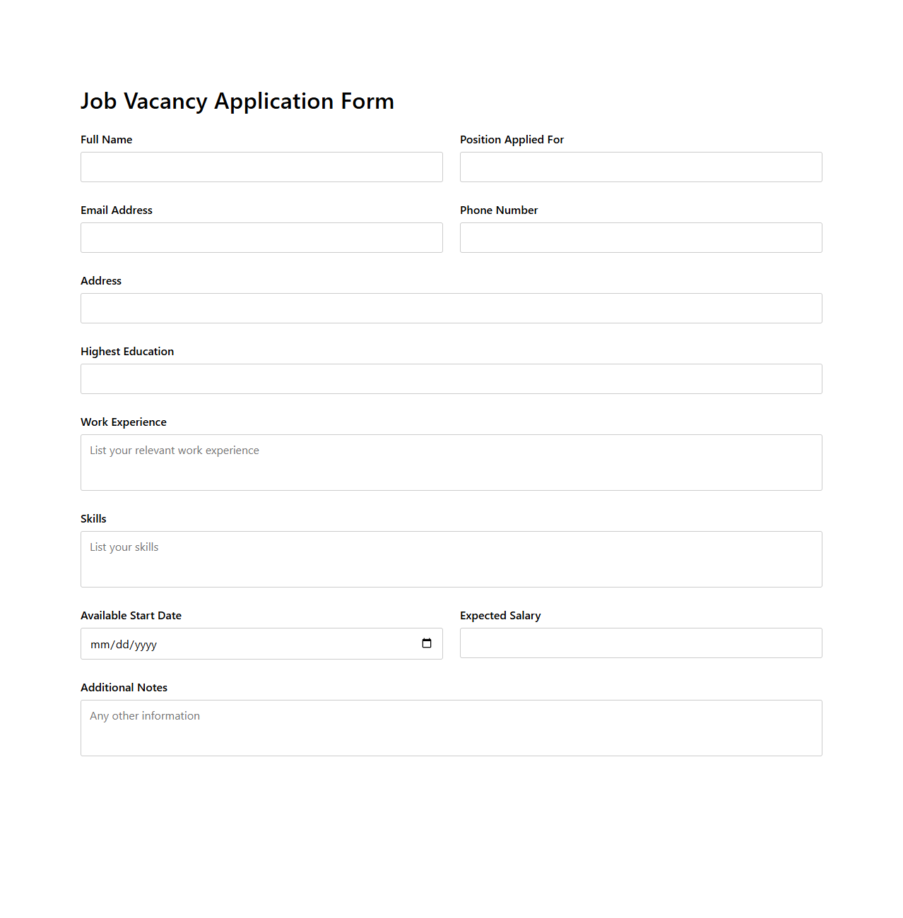 Job Vacancy Application Form Template