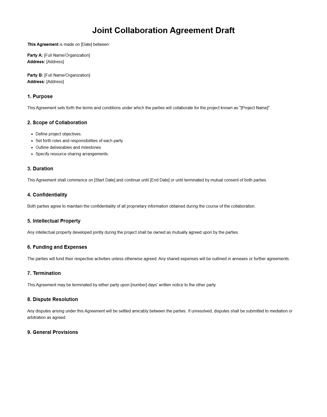 Joint Collaboration Agreement Draft for Project Teams