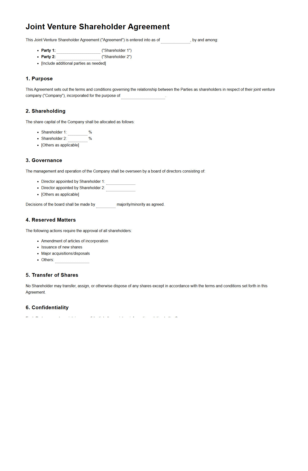 Joint Venture Blank Shareholder Contract