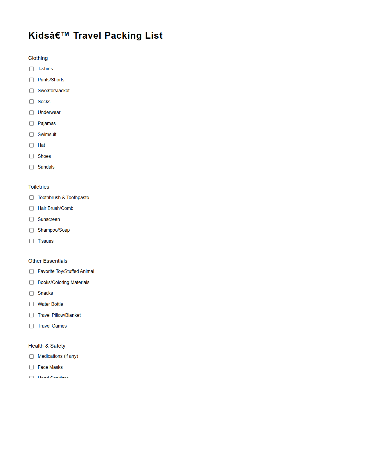 Kids’ Travel Packing List Template