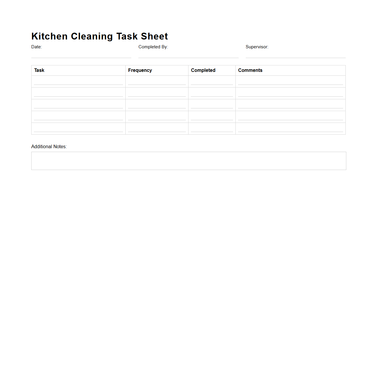 Kitchen Cleaning Blank Task Sheet