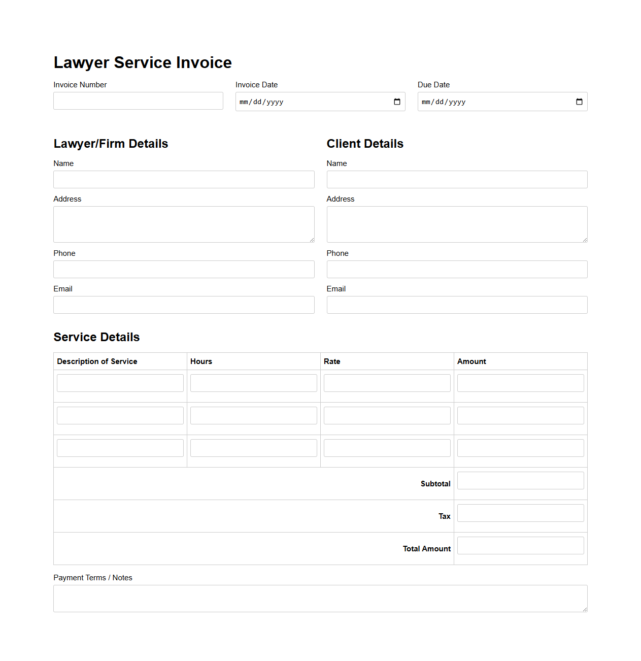 Lawyer Service Invoice Form