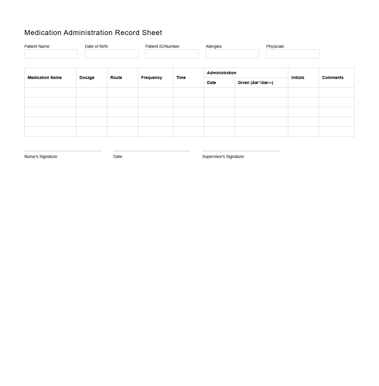Medication Administration Record Sheet