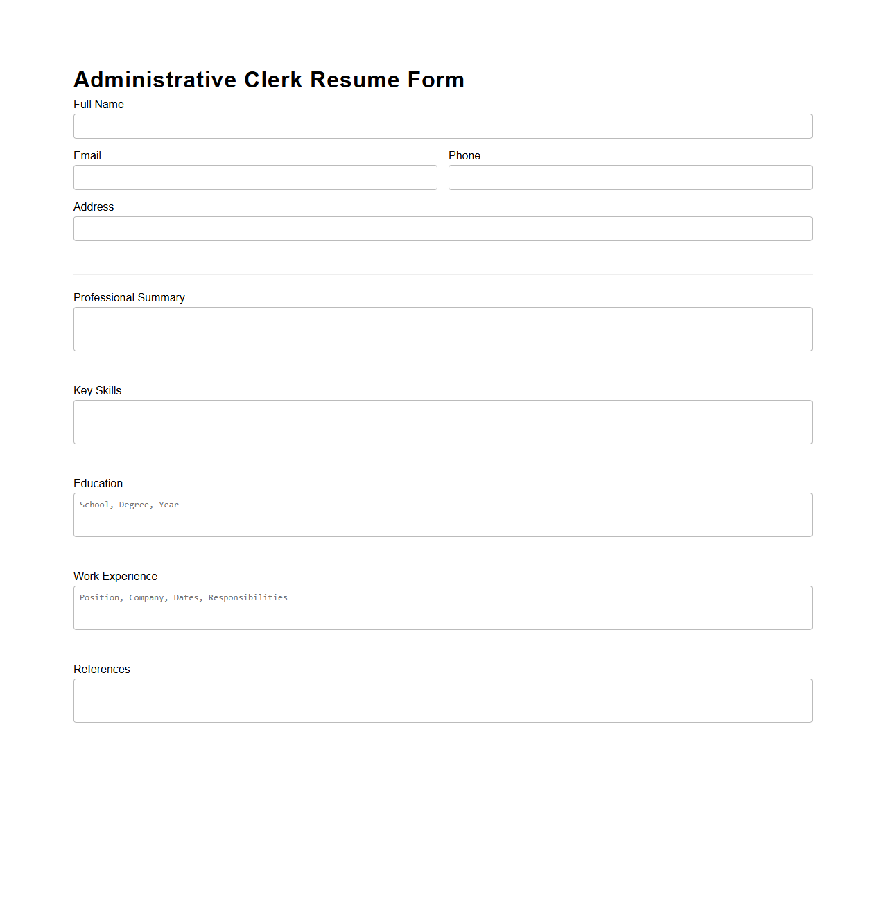Minimalist Administrative Clerk Resume Form