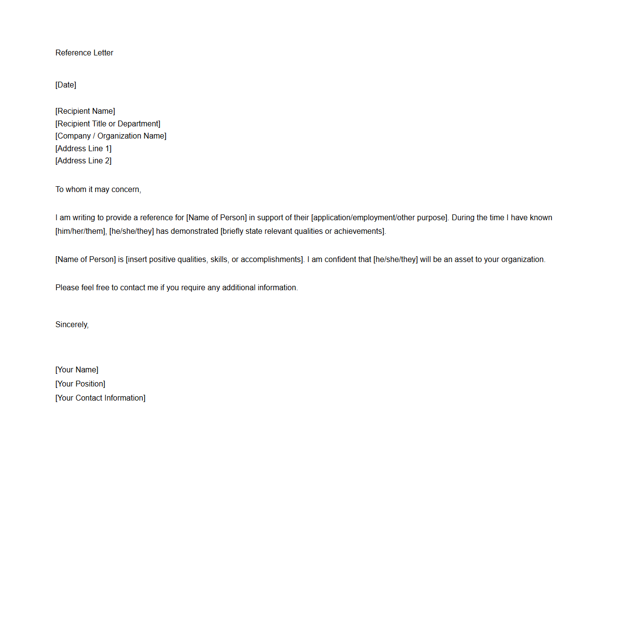 Minimalist Blank Reference Letter Sample