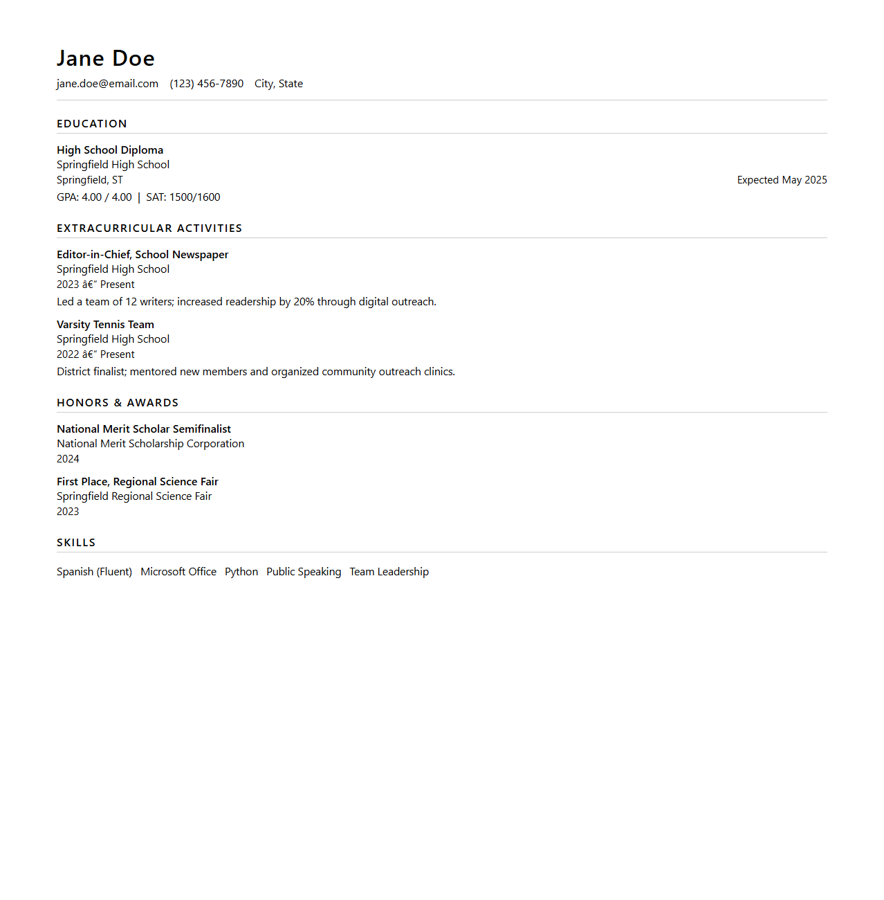 Minimalist College Application Resume Template