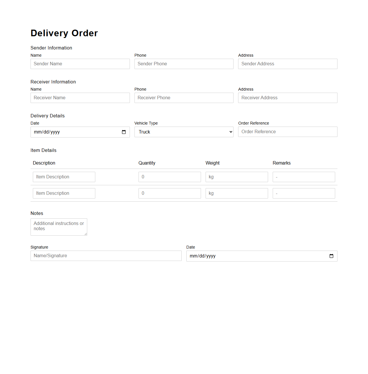 Minimalist Delivery Order Page for Transportation