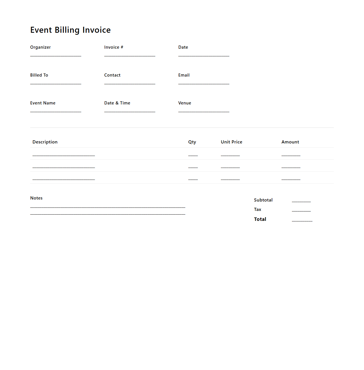 Minimalist Event Billing Template for Organizers