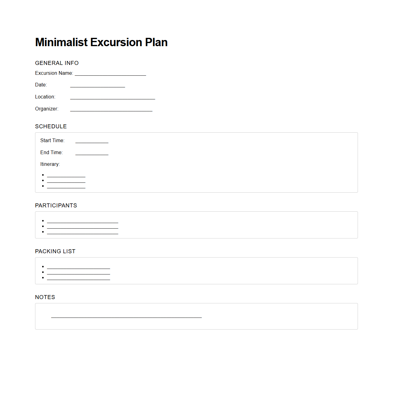 Minimalist Excursion Plan Template