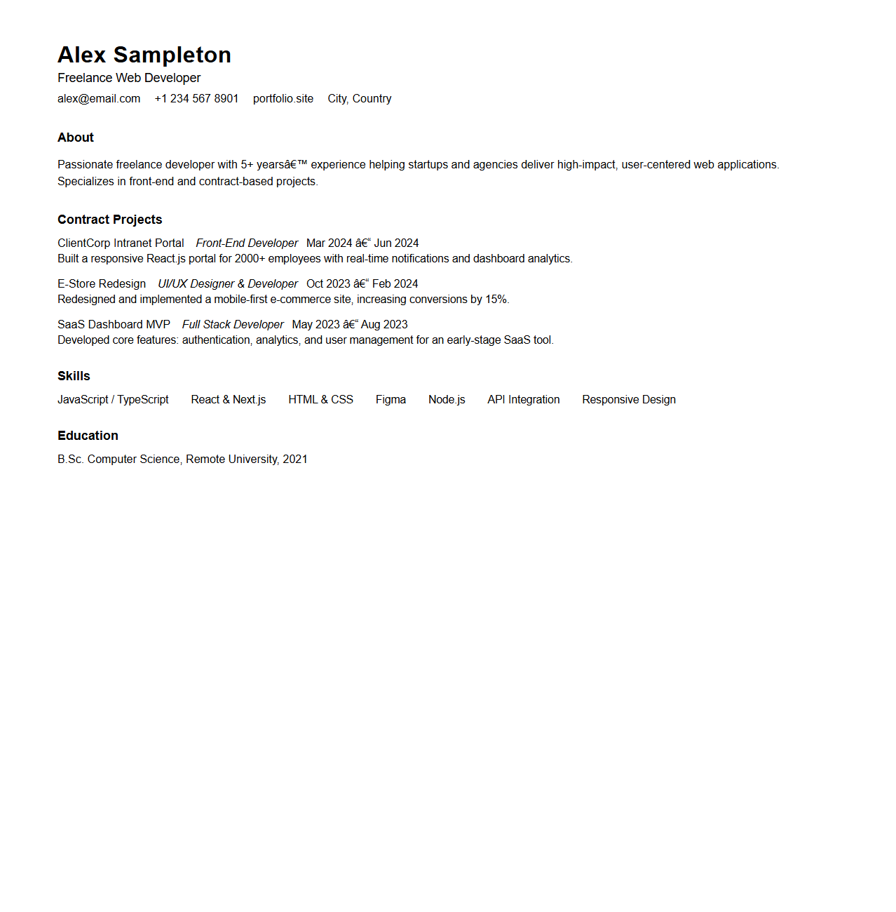 Minimalist Freelance Resume Template for Contract Projects