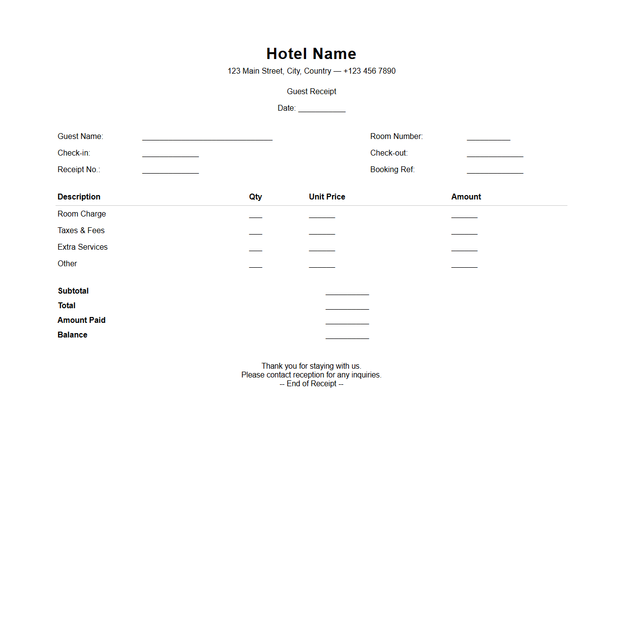 Minimalist Guest Receipt Template for Hotels