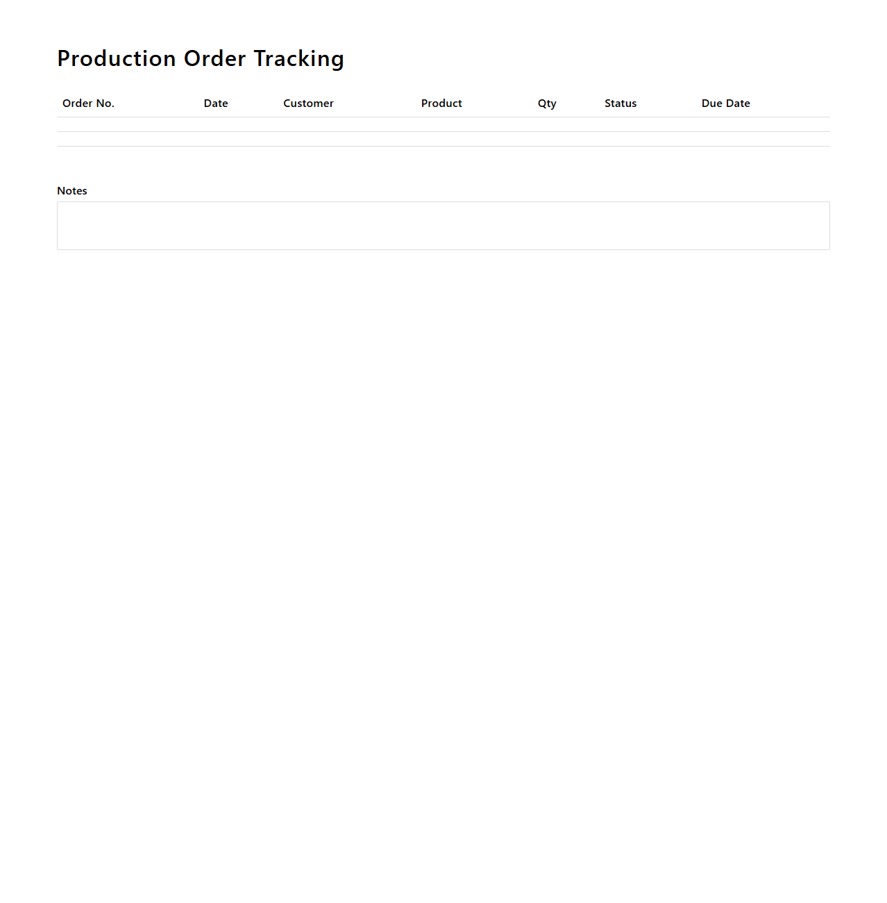 Minimalist Production Order Tracking Template