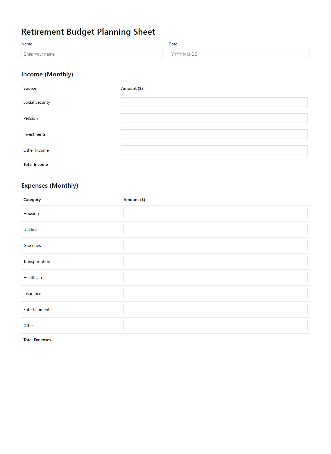 Minimalist Retirement Budget Planning Sheet