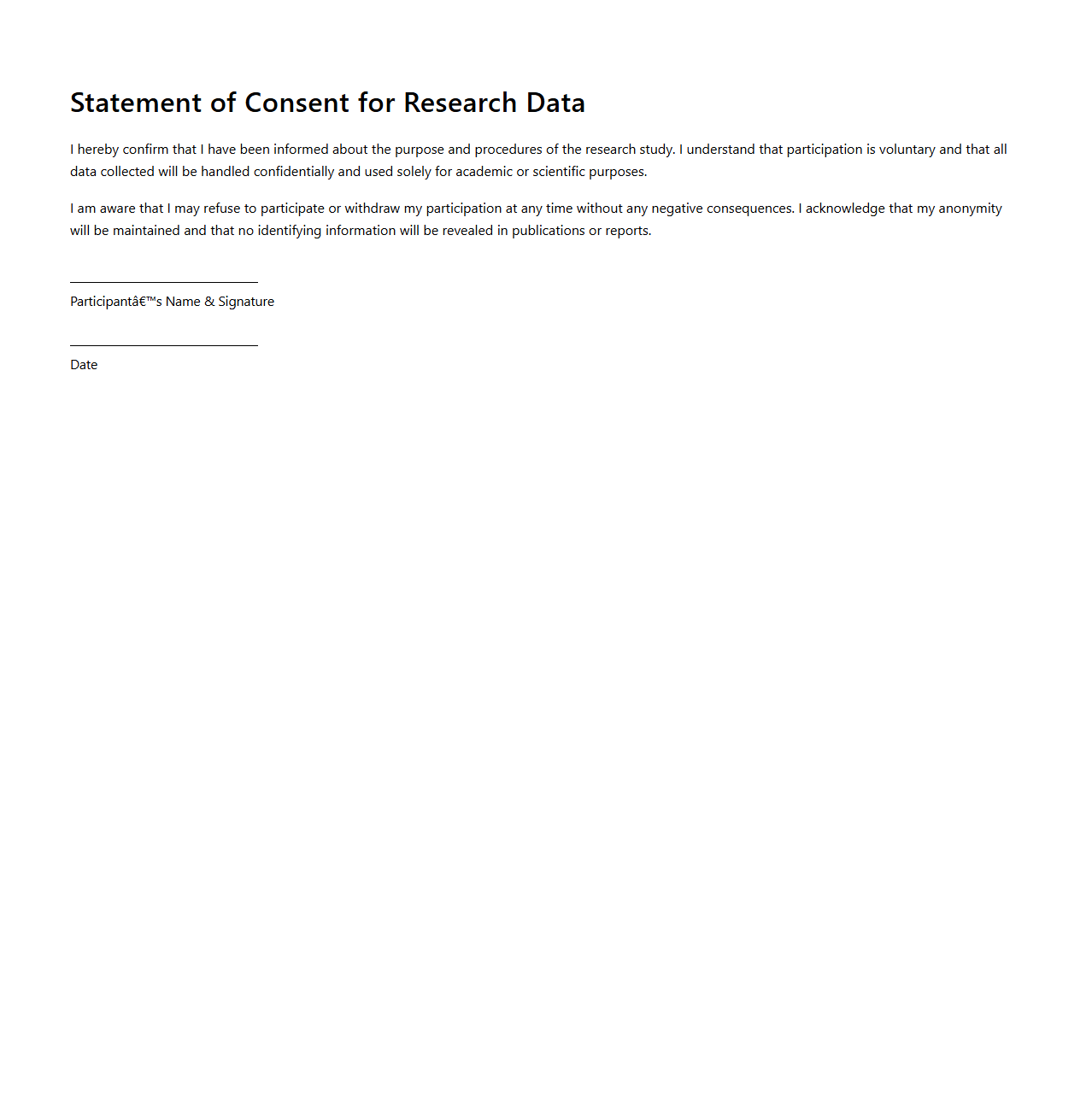 Minimalist Statement of Consent for Research Data