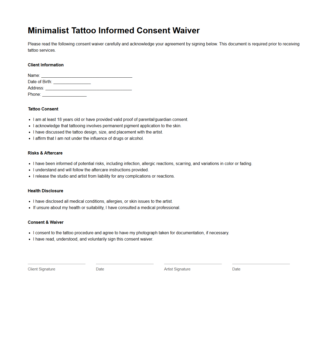 Minimalist Tattoo Informed Consent Waiver