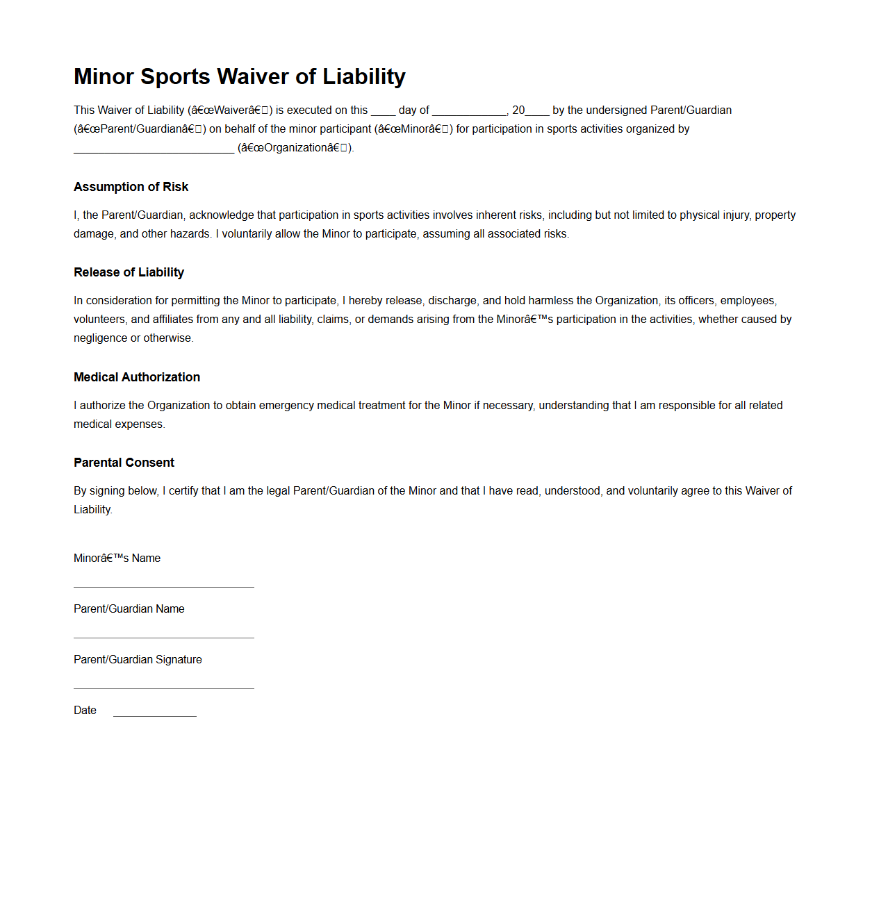 Minor Sports Waiver of Liability Template