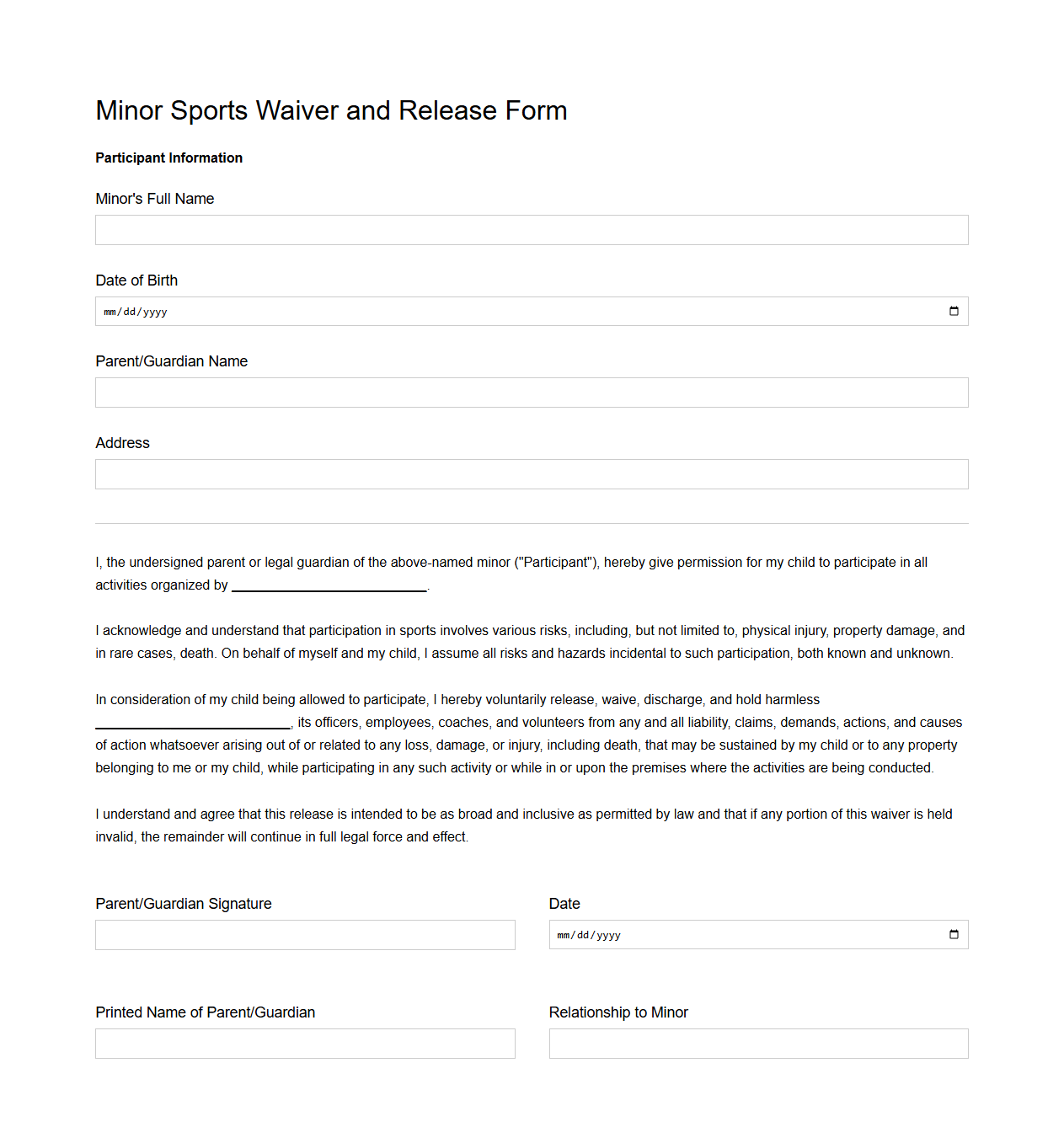 Minor Sports Waiver and Release Form